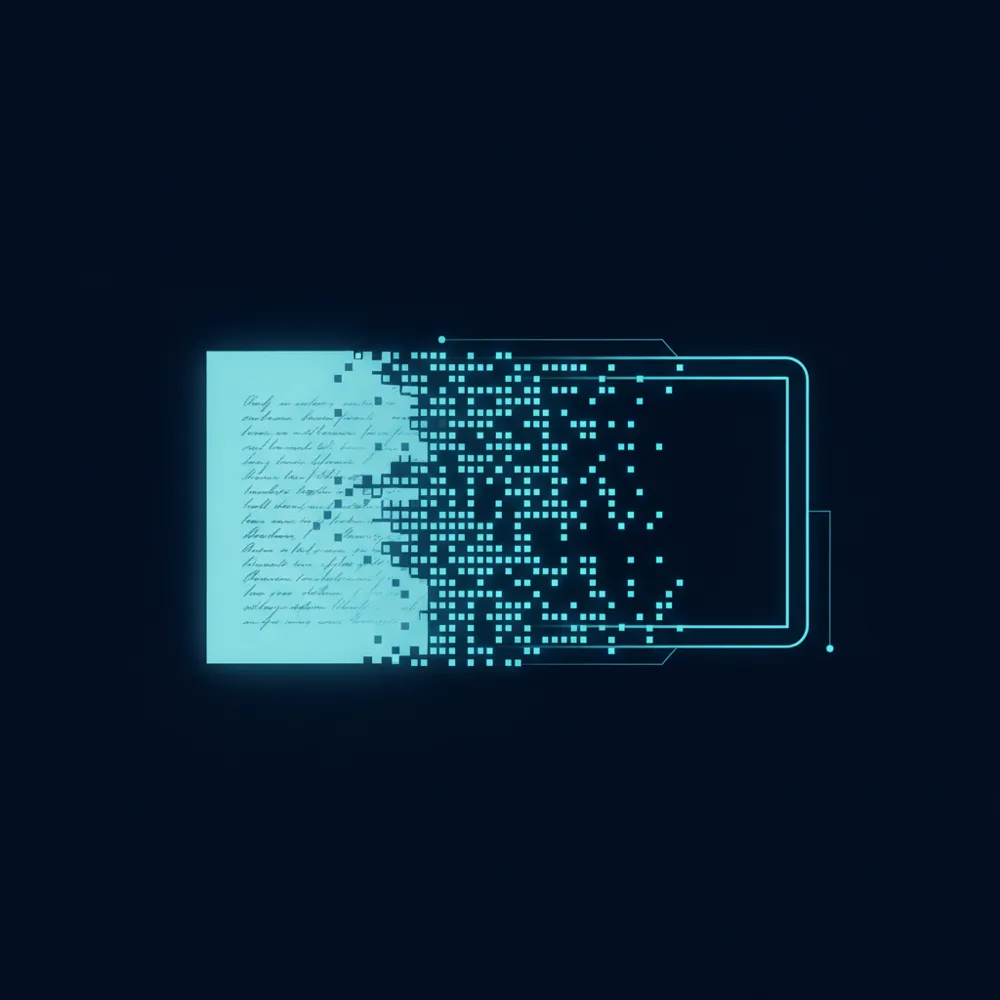 A paper ledger transforming into an ordered digital interface