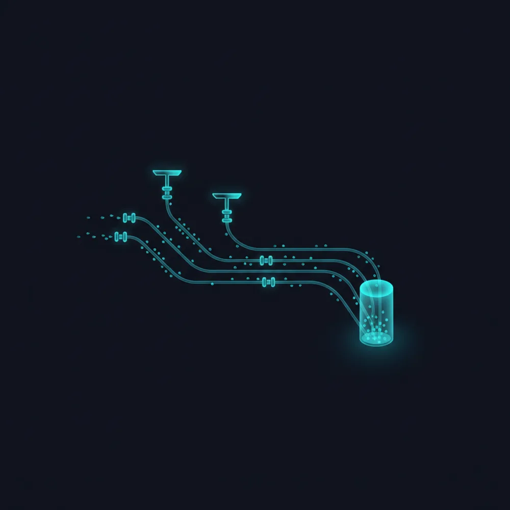 Interlocking pipes carrying streams of data toward an ordered destination