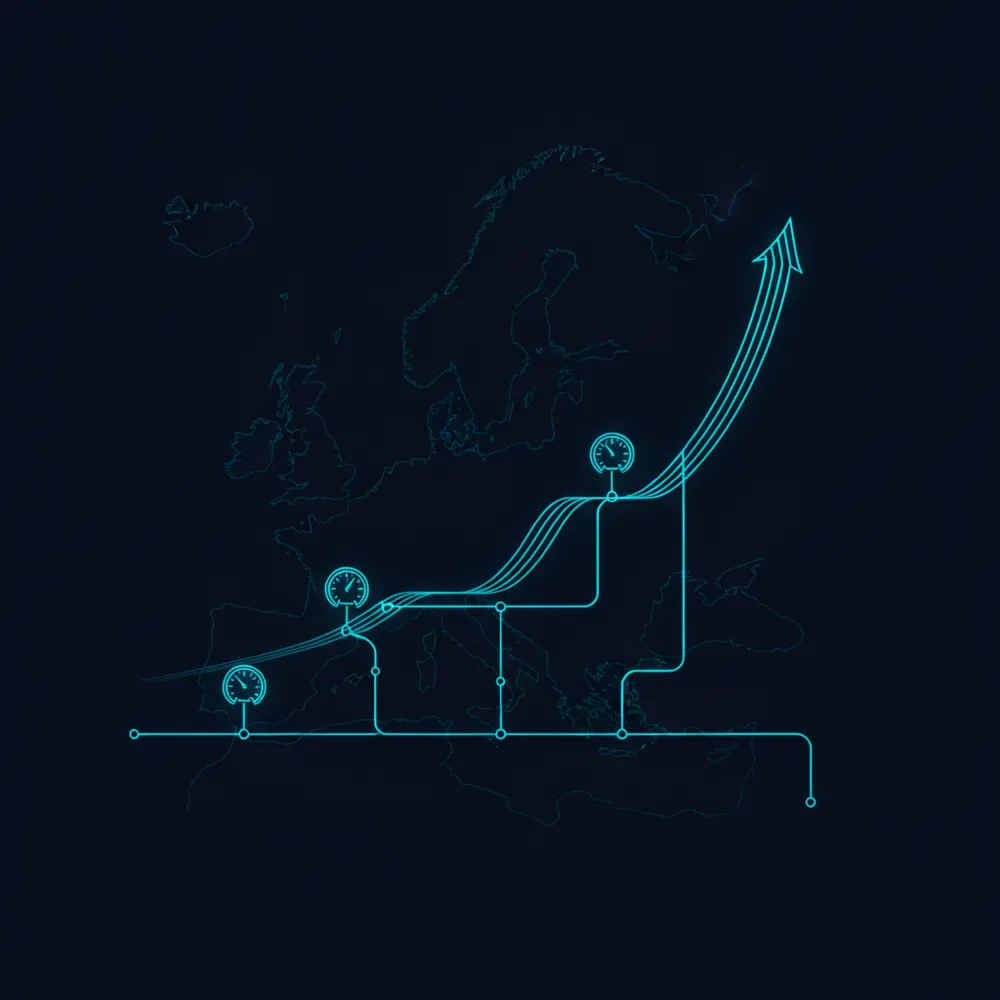 Map of Europe with pipeline gauges and a rising market curve