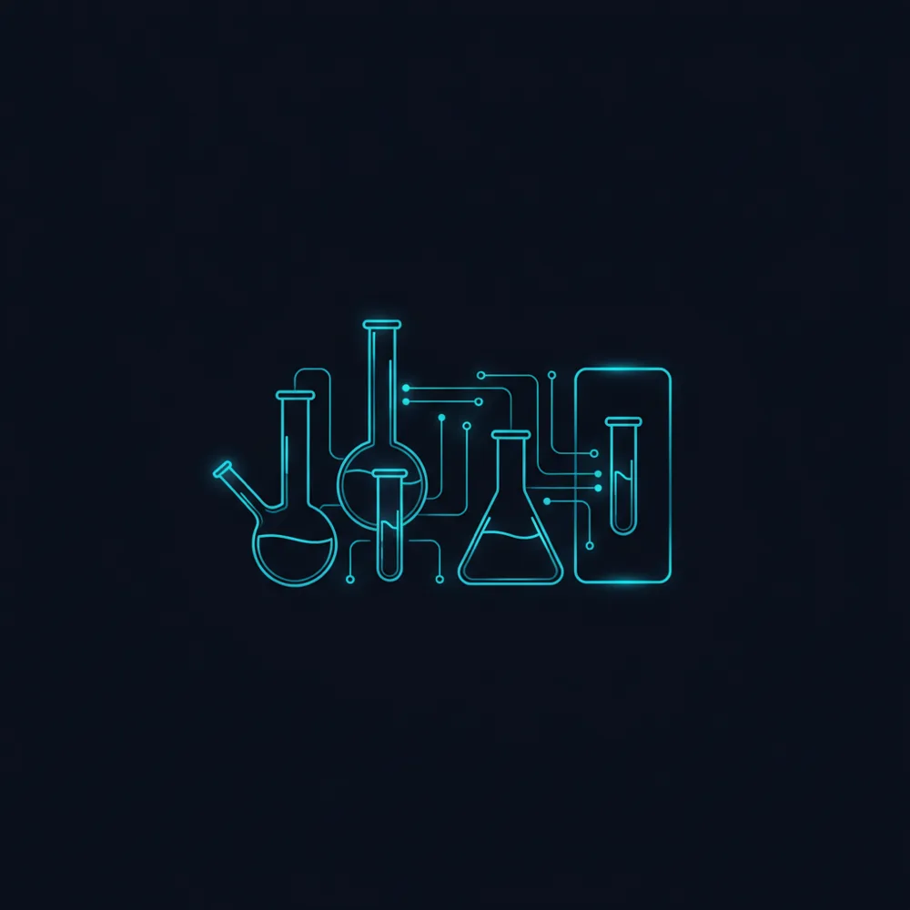 Line-art laboratory glassware connected by circuit traces