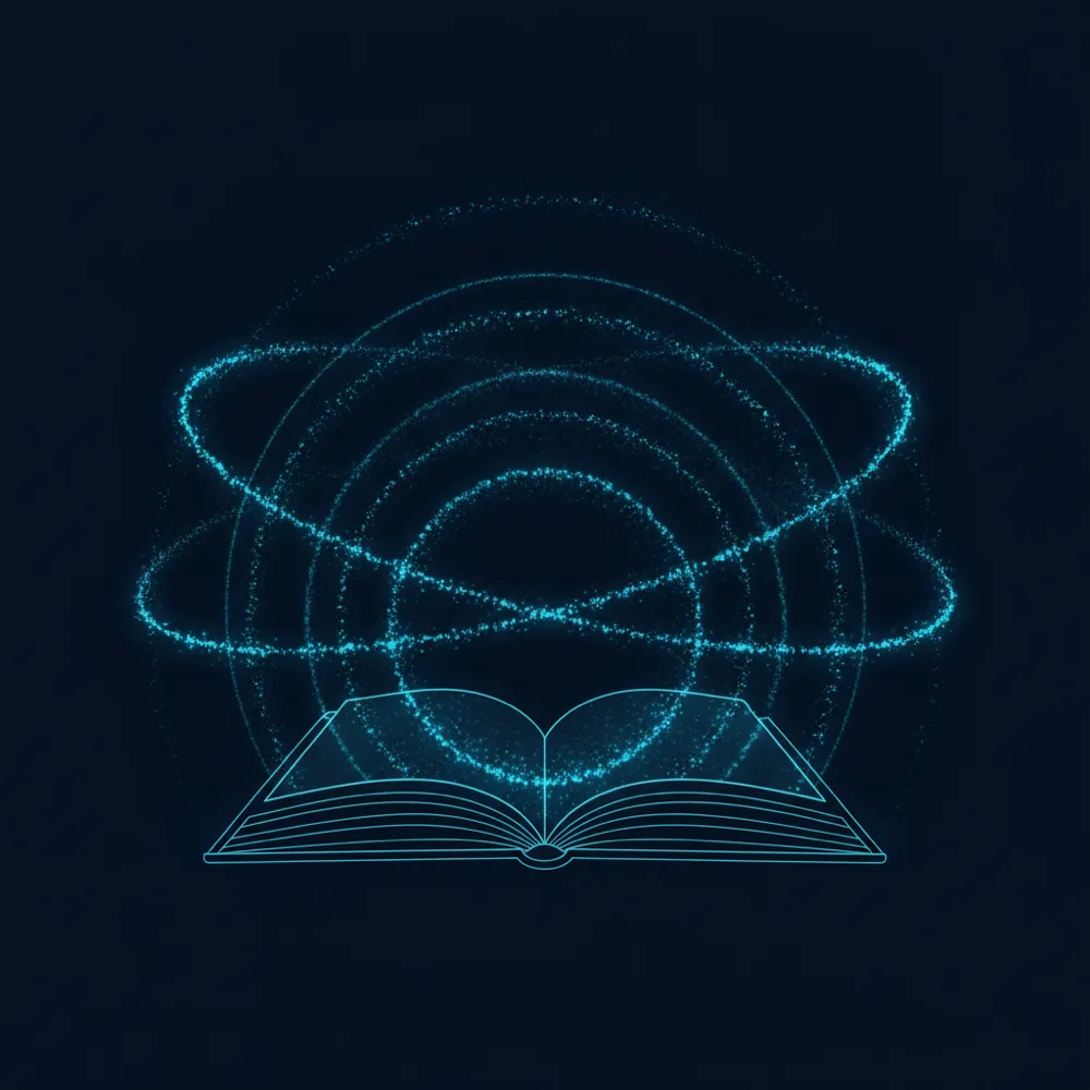An open book dissolving into orbiting particle streams