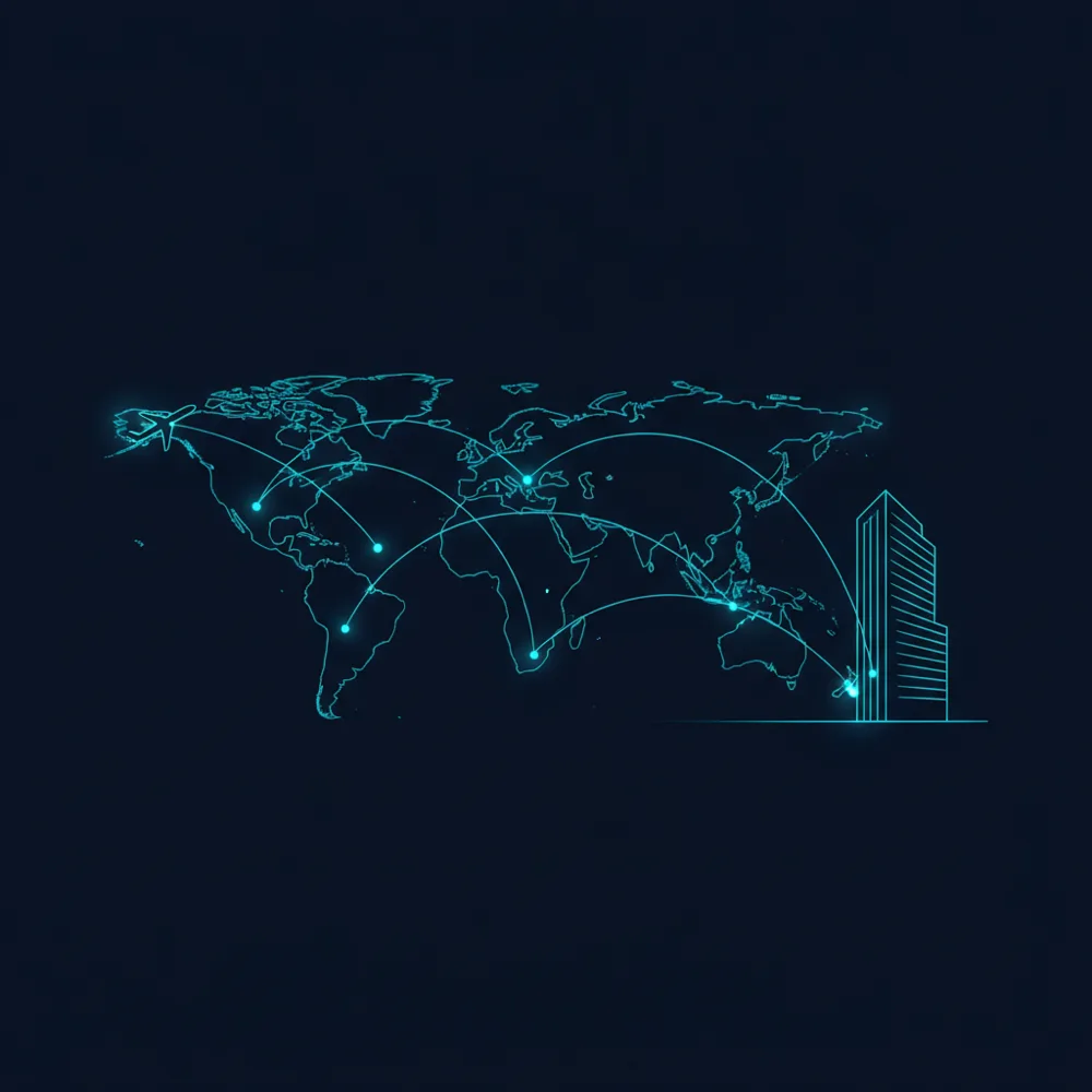 Glowing flight routes arcing across a world map